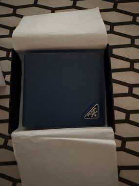 PRADA blue triangle logo Saffiano leather bifold wallet